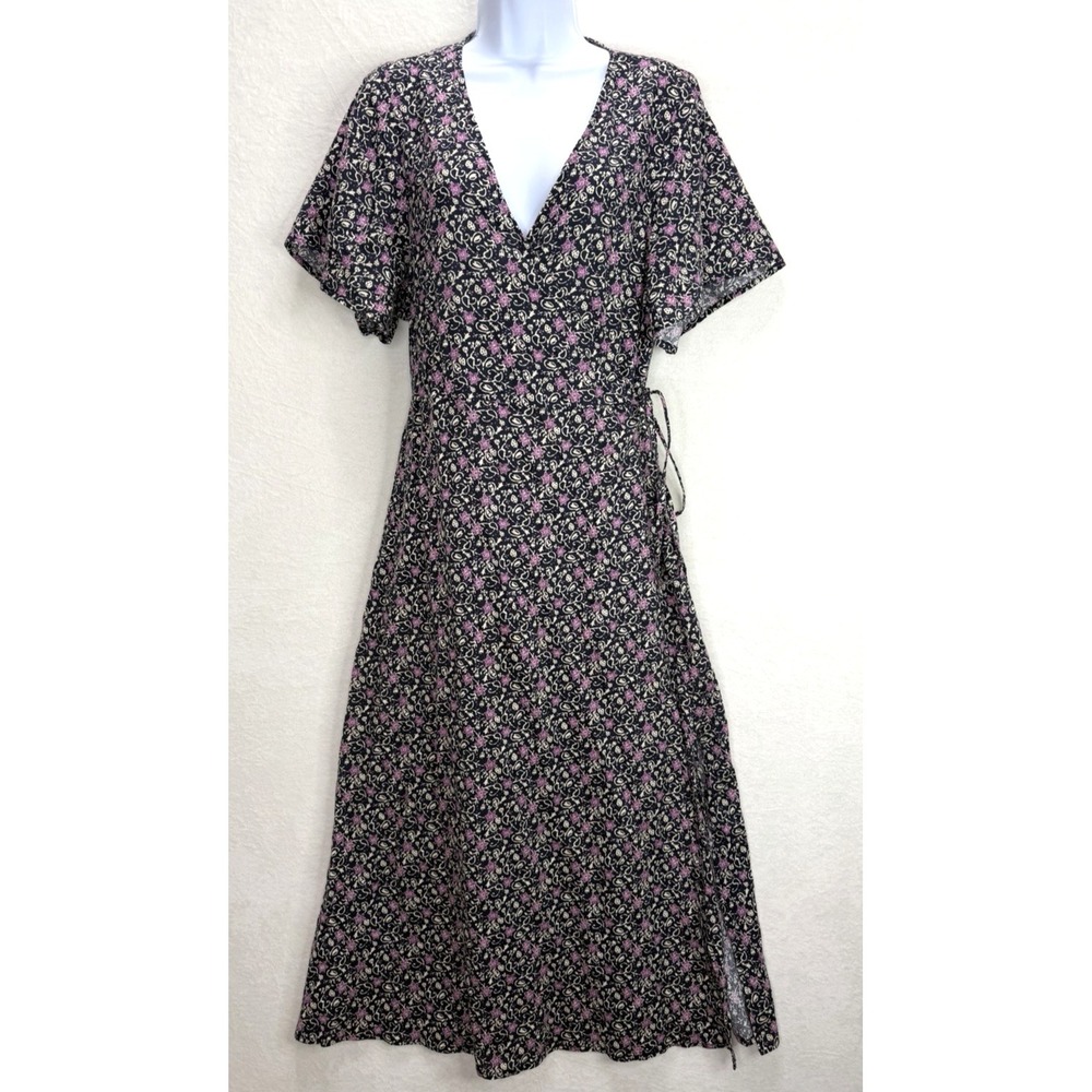 Marine Layer Purple Floral Emlyn Midi Wrap Dress Size XL Hemp Blend - Picture 2 of 11